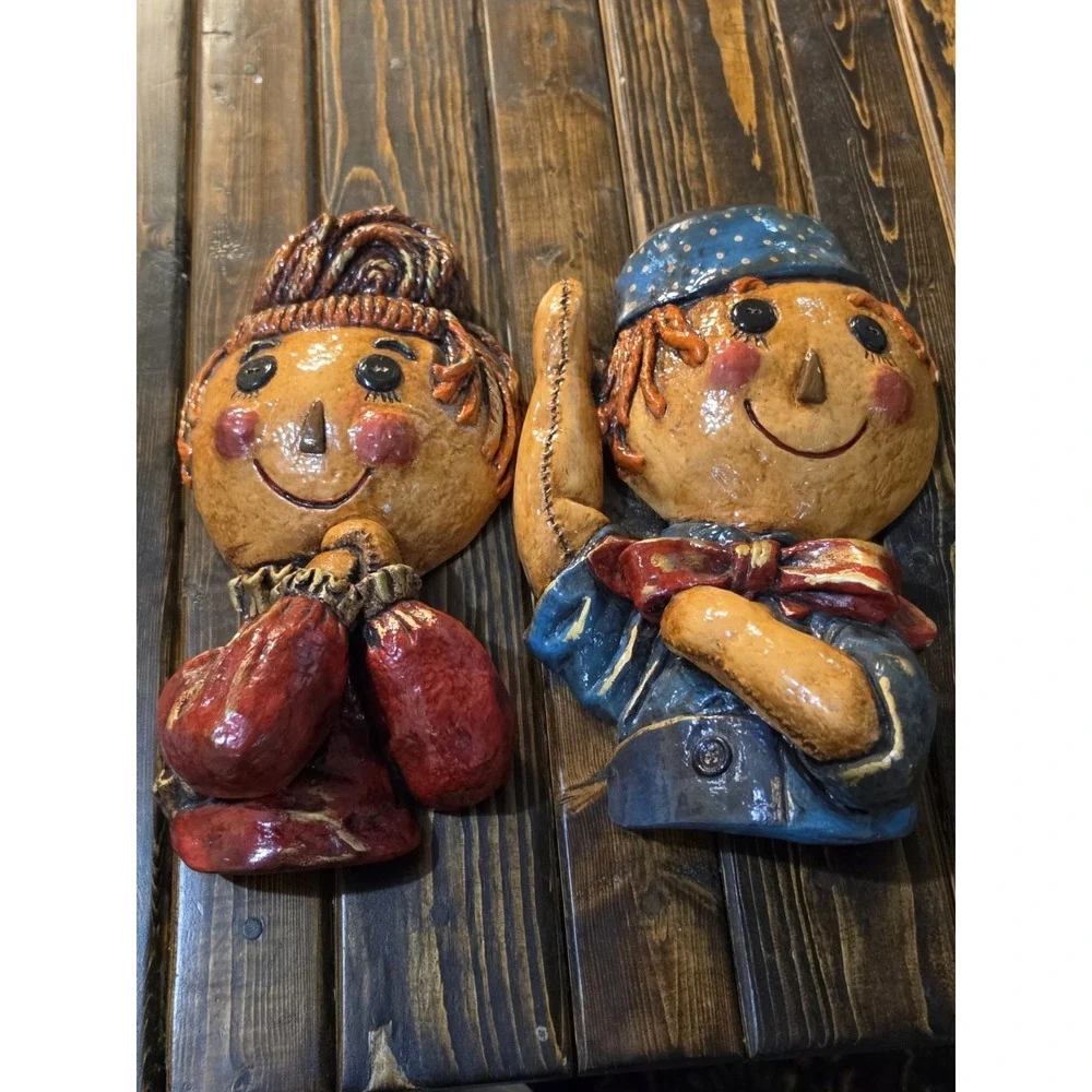 Vintage‎ Pair Raggedy Ann and Andy Face Chalkware Plaster Wall Decor Plaques